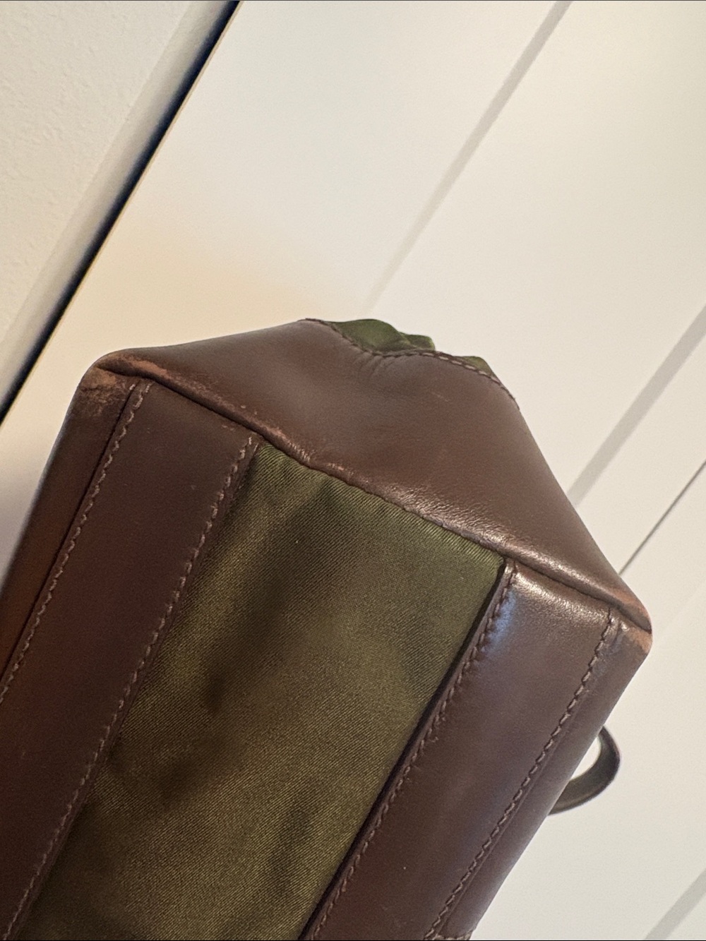 [Prada] Olive Green Nylon Shoulder Bag Handbag Purse Small Tote w/ Brown Leather - Picture 9 of 16